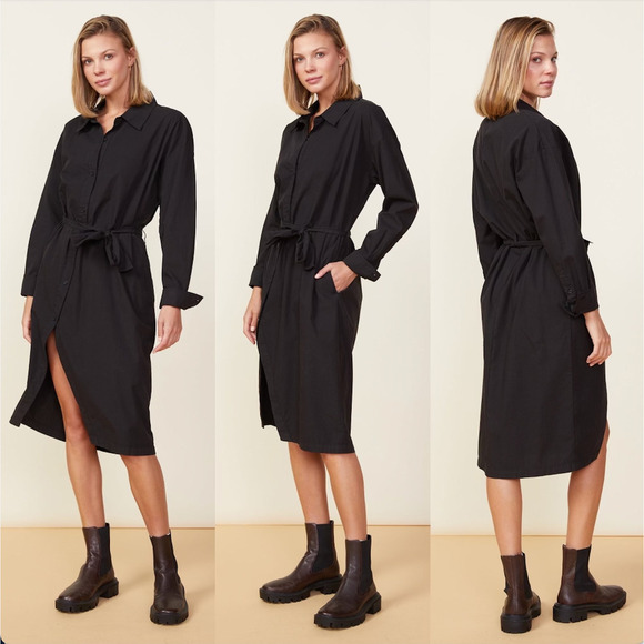 Monrow Dresses & Skirts - Monrow Asymmetrical Poplin Tie Shirt Dress in Black 100% Cotton, Size‎ Small
